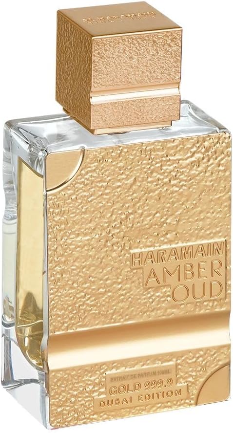 Frasco dorado de Amber Oud Gold Edition de Al Haramain, EDP oriental ámbar unisex
