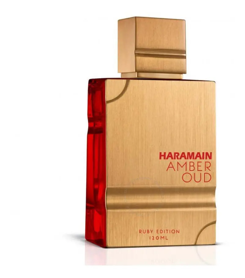 Frasco rojo de Amber Oud Ruby Edition de Al Haramain, EDP floral ambarino unisex árabe