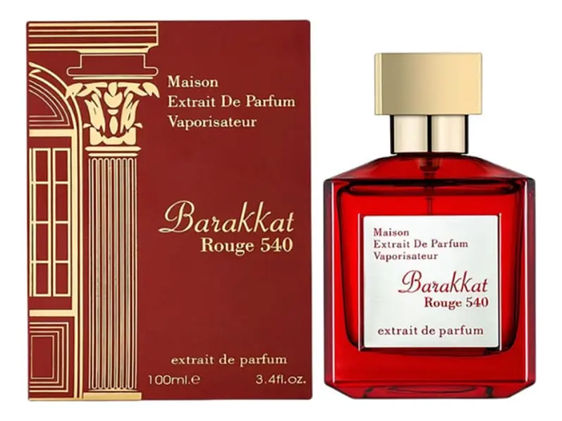 Frasco de Barakkat Rouge 540 de Fragrance World, EDP floral ambarino unisex árabe