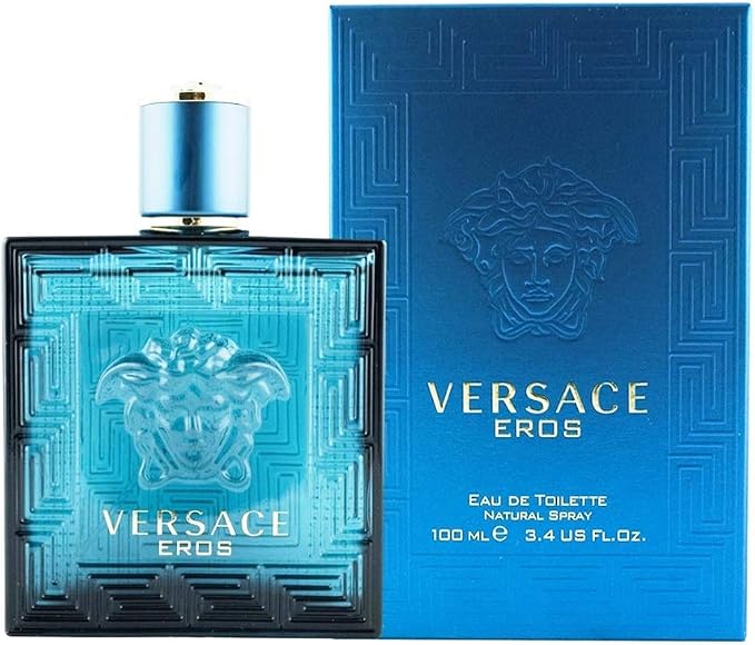 Frasco azul turquesa con tapa dorada del perfume Eros de Versace EDT masculino oriental fresco ambroxan