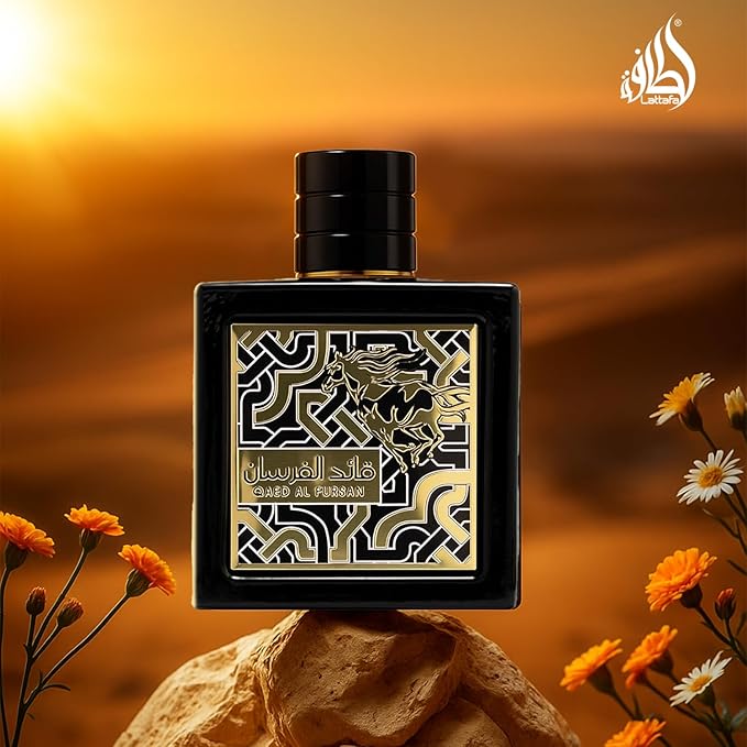 Frasco de Qaed Al Fursan de Lattafa, EDP cuero oriental masculino árabe